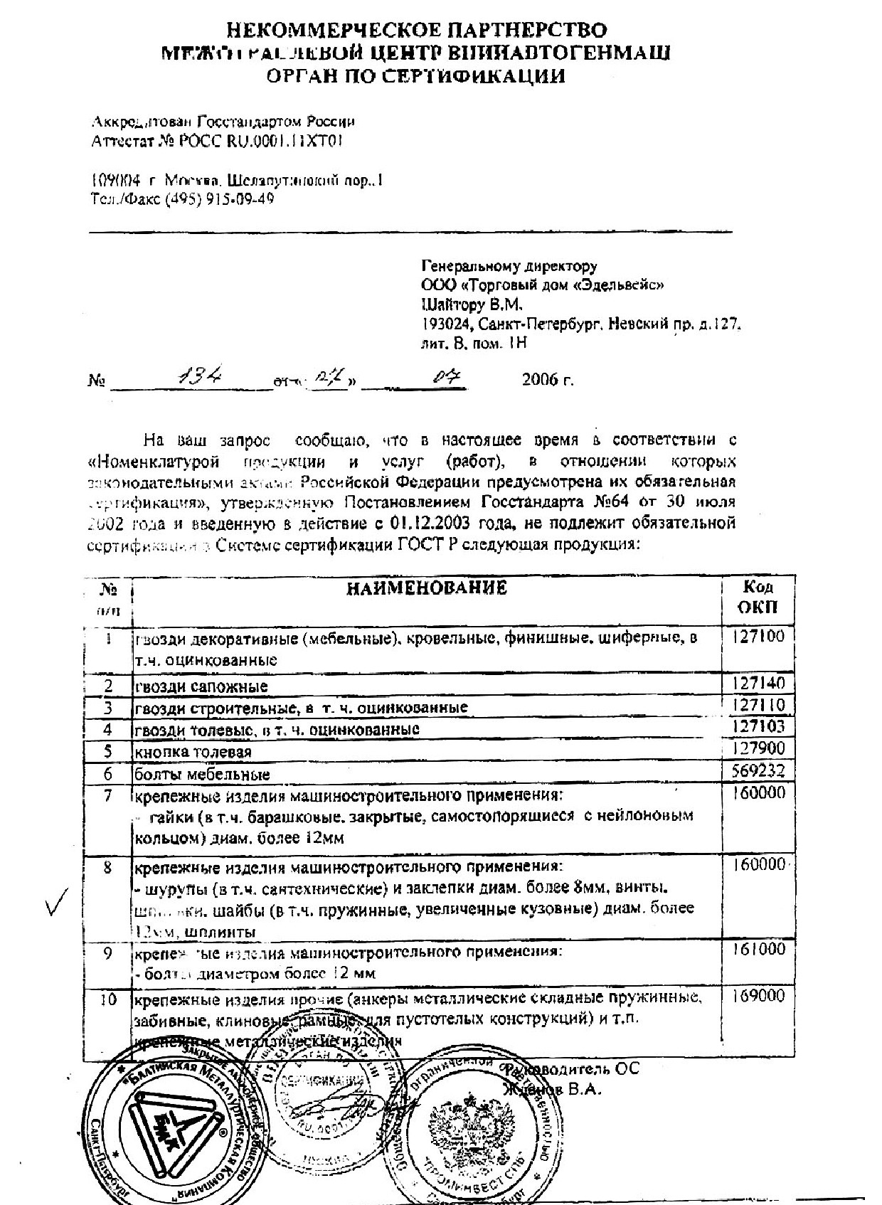 Скачайте сертификаты на болты, гайки, контргайки от компании Веста ...